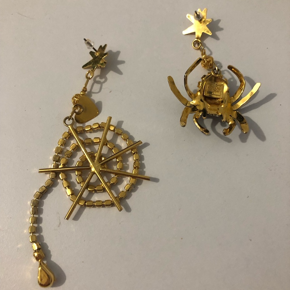 Lunch At The Ritz Gold And Black Crystal Spider Spiderweb Dangle Earrings - Picture 2 of 8